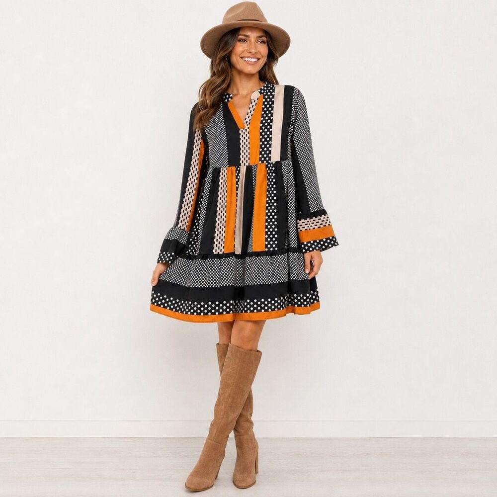 Boho Mixed Print Babydoll Mini Dress Tiered Bell Sleeve Black Orange Large